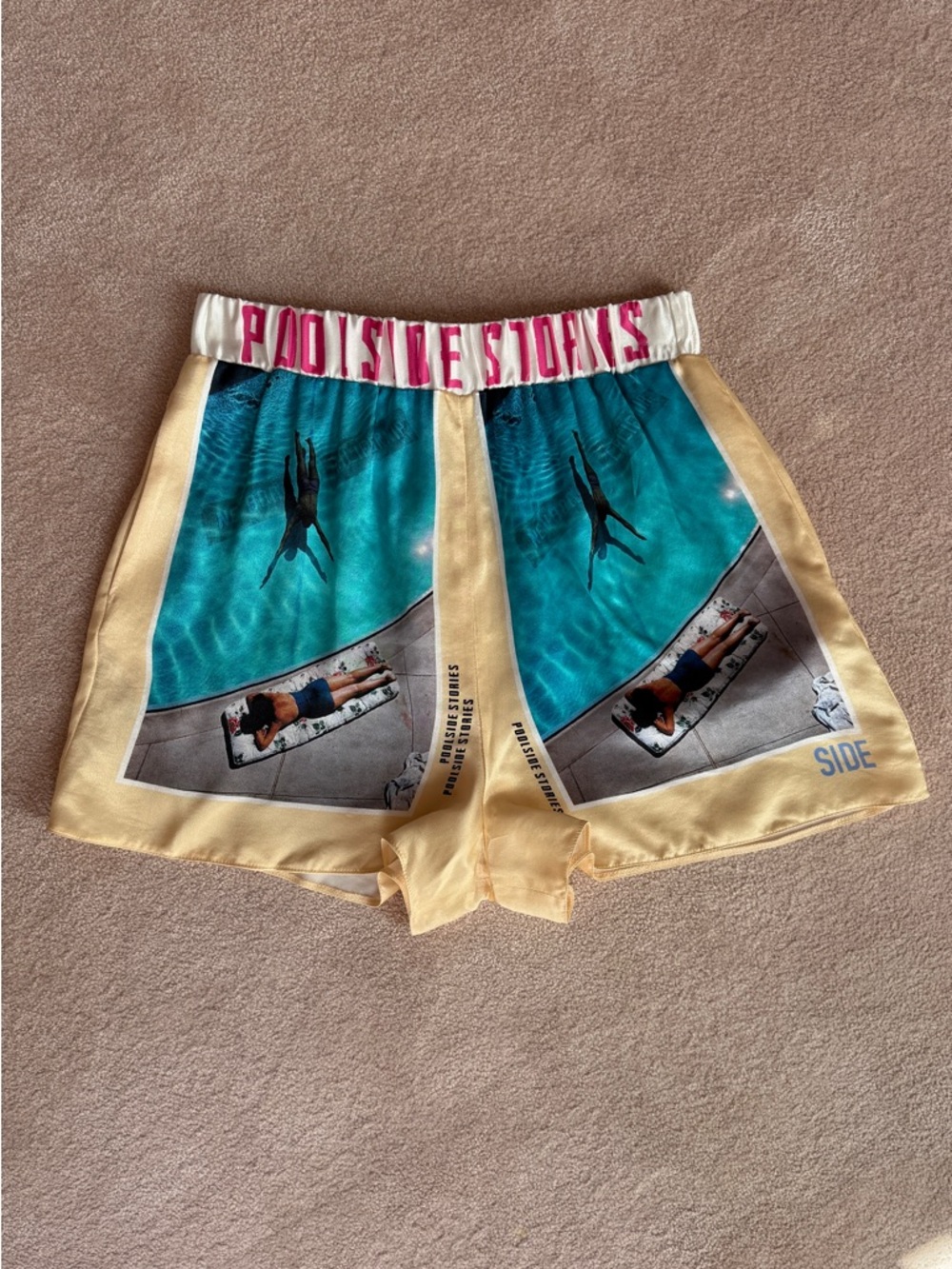 Maje Satin Shorts in Light Blue with Pink Logo Detail